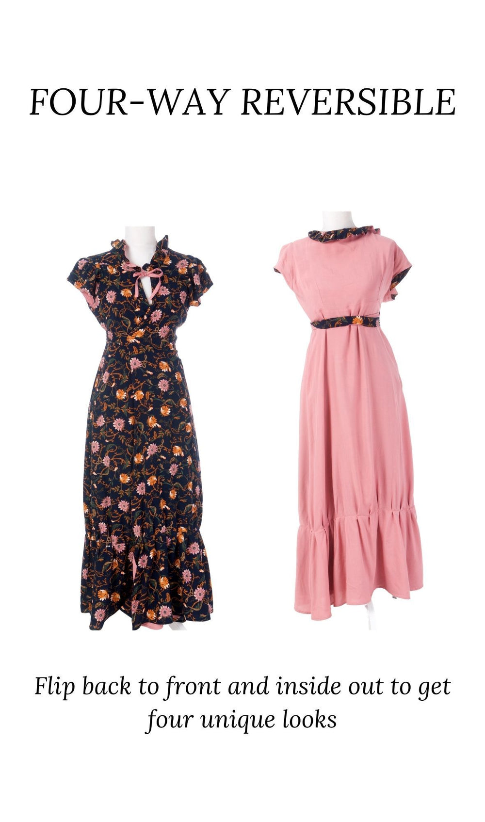 Philippa Gown | Blush Pink /Navy floral is a 4-way reversible dress Hannah Sophia 