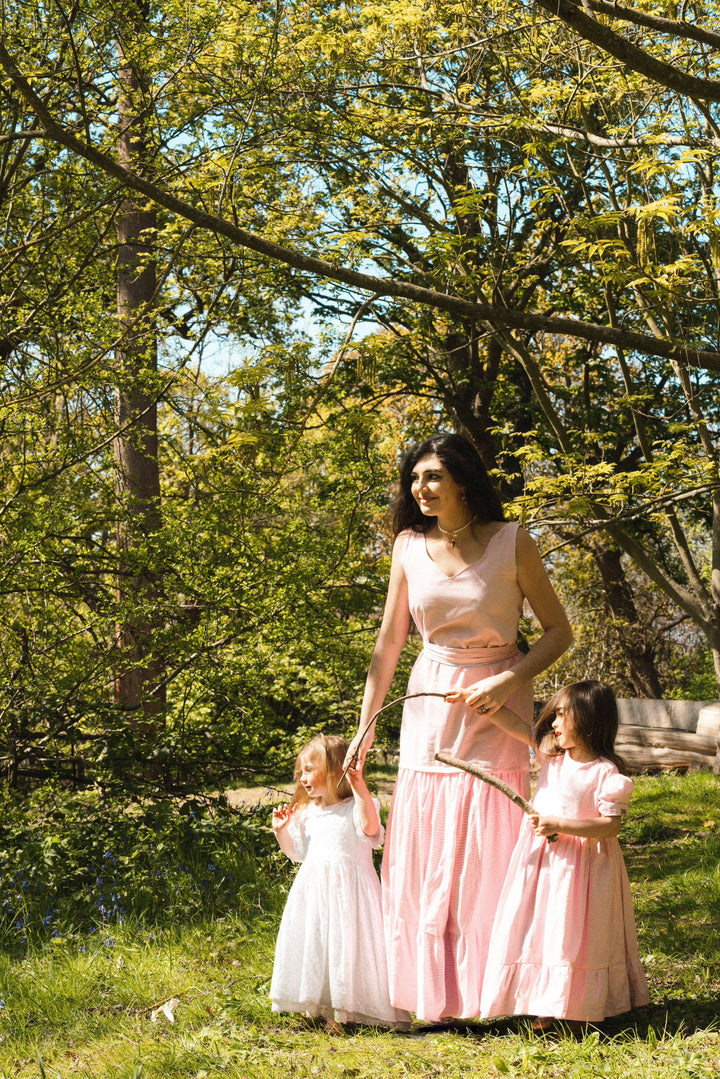 Pink/ Blue reversible gingham maxi dress with detachable tier and collar Dress Hannah Sophia England 