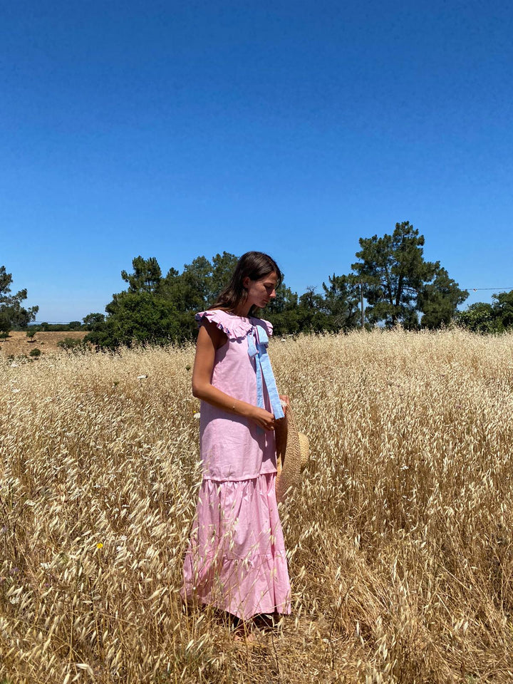 Pink & Blue reversible gingham maxi dress with detachable tier and collar Dress Hannah Sophia England 
