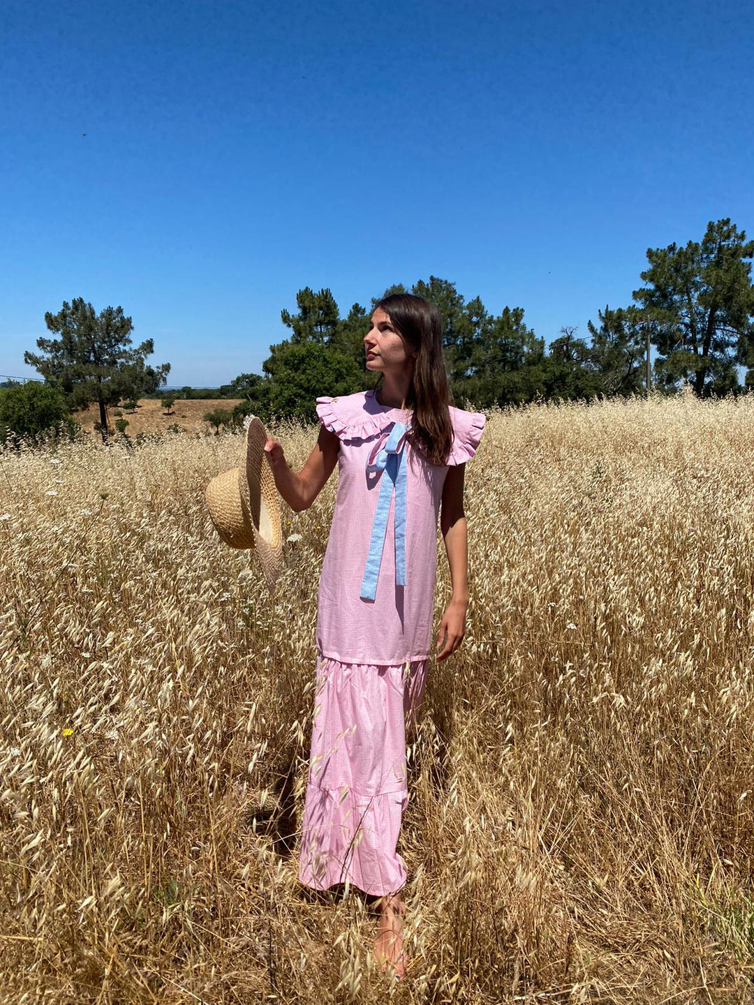 Pink & Blue reversible gingham maxi dress with detachable tier and collar Dress Hannah Sophia England 