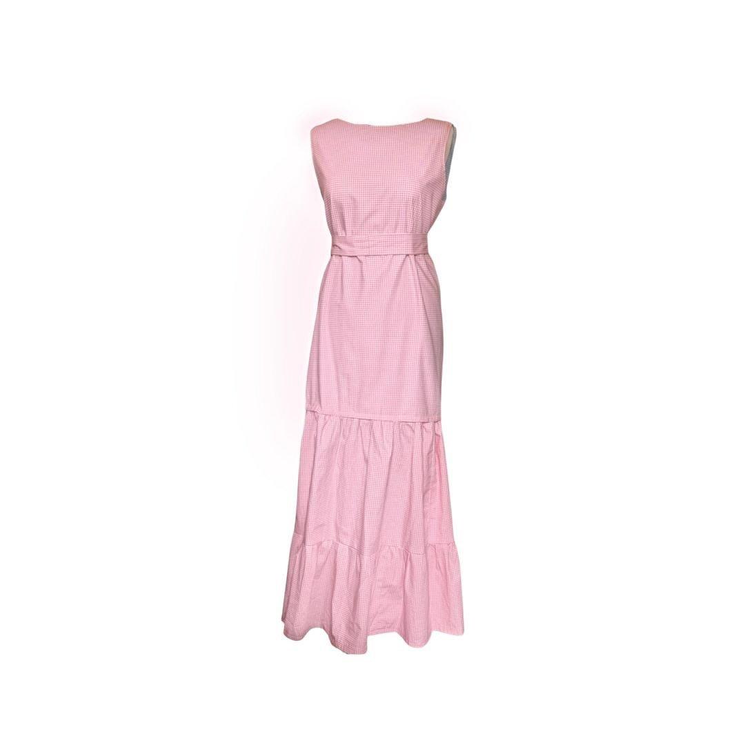 Pink/ Blue reversible gingham maxi dress with detachable tier and collar Dress Hannah Sophia England 