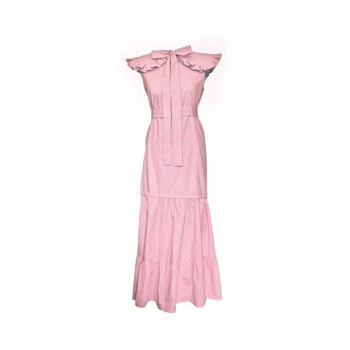 Pink/ Blue reversible gingham maxi dress with detachable tier and collar Dress Hannah Sophia England 