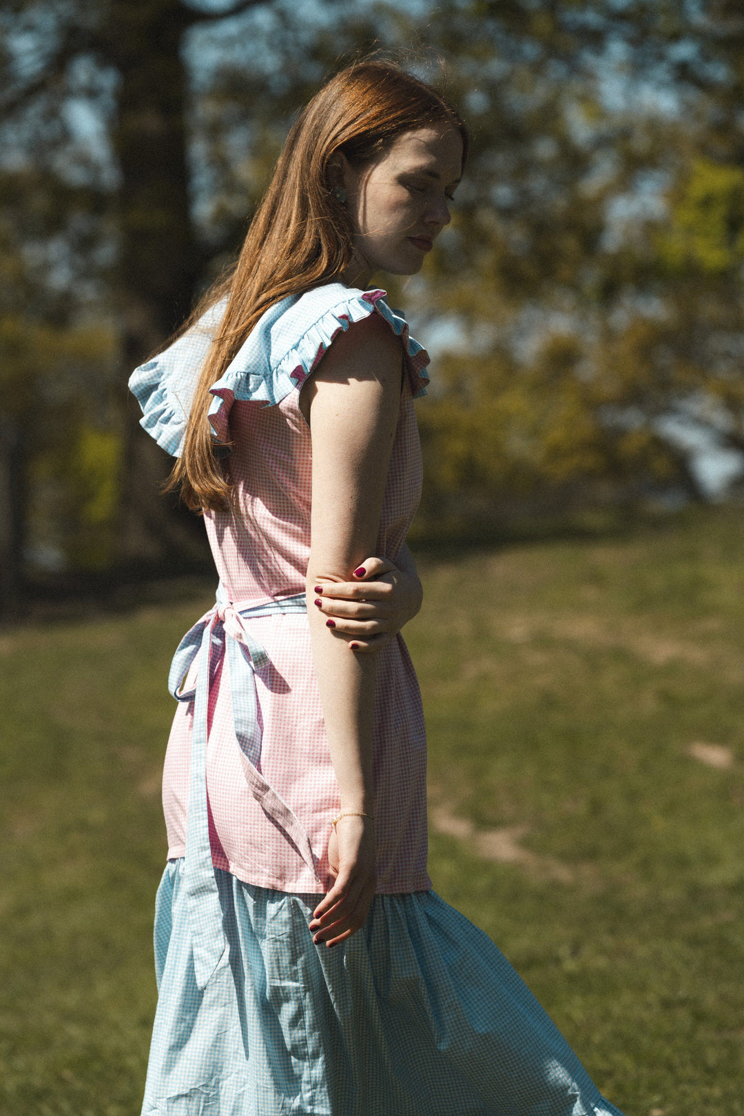 Pink/ Blue reversible gingham maxi dress with detachable tier and collar Dress Hannah Sophia England 