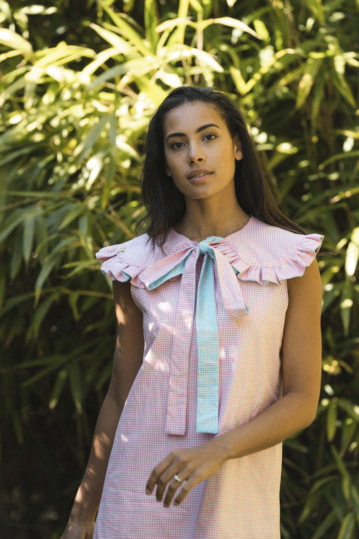 Pink/Blue reversible mini dress with a detachable collar Dress Hannah Sophia England 