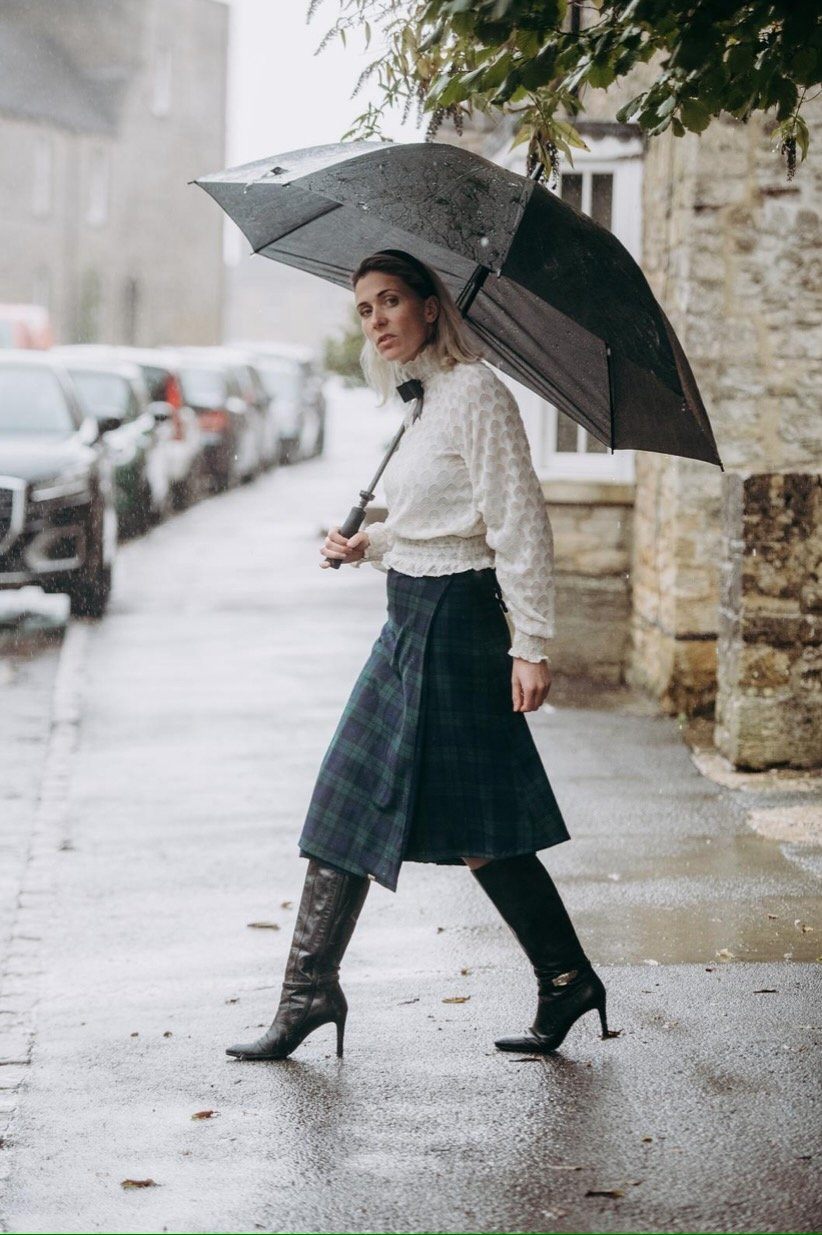 PRE-ORDER Holly - Green and Navy Tartan / Navy midi skirt Hannah Sophia England 