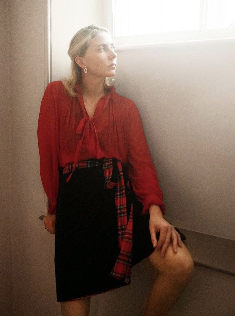 Shoulder Velvet Belt Skirt Livy- Red Tartan Velvet Midi Wrap Skirt