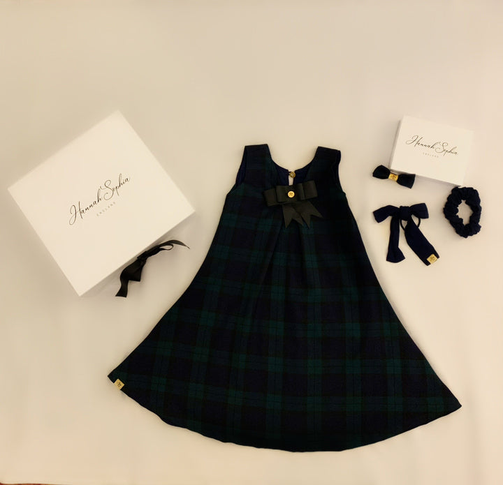 Pre-Order Matilda navy and blue checked reversible pinafore with a detachable bow Hannah Sophia England 