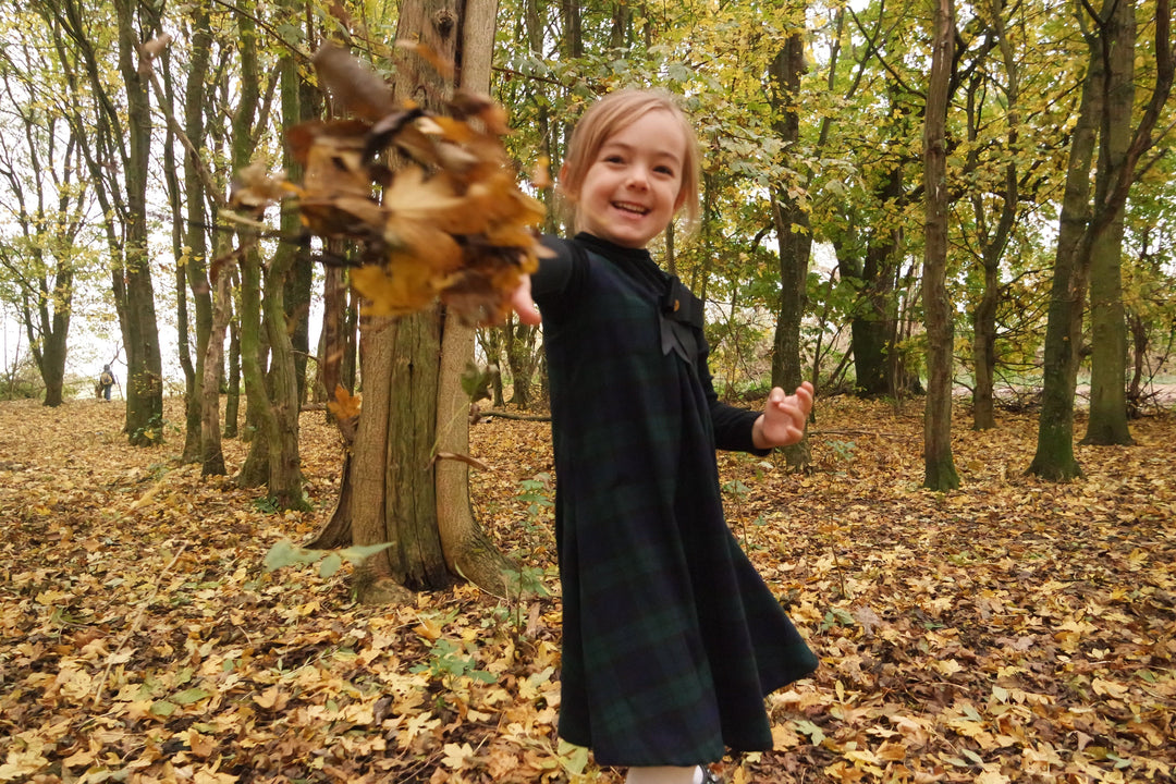 Pre-Order Matilda navy and blue checked reversible pinafore with a detachable bow Hannah Sophia England 