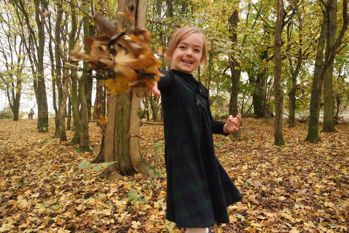 Pre-Order Matilda navy and blue checked reversible pinafore with a detachable bow Hannah Sophia England 