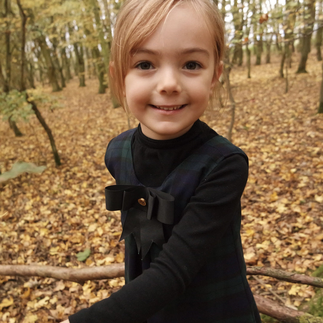 Pre-Order Matilda navy and blue checked reversible pinafore with a detachable bow Hannah Sophia England 