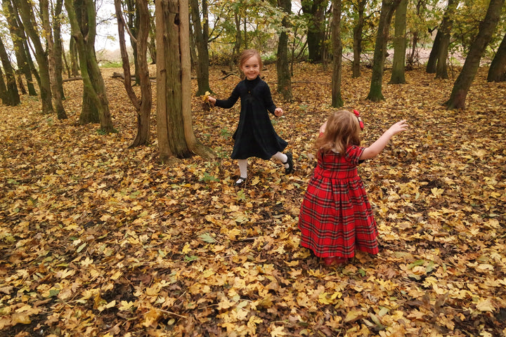 Pre-Order Matilda navy and blue checked reversible pinafore with a detachable bow Hannah Sophia England 