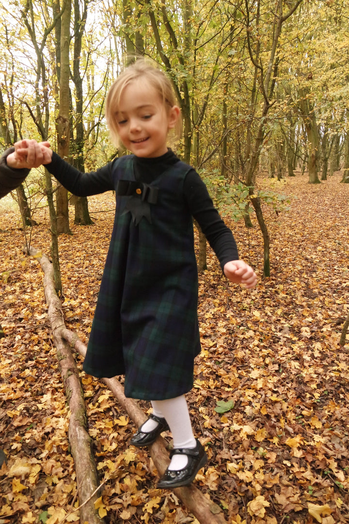 Pre-Order Matilda navy and blue checked reversible pinafore with a detachable bow Hannah Sophia England 