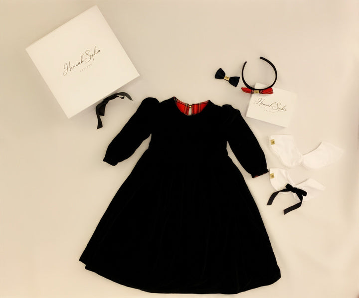 Pre-Order Reversible Arabella long sleeve red and velvet smock dress with detachable collar Hannah Sophia England 