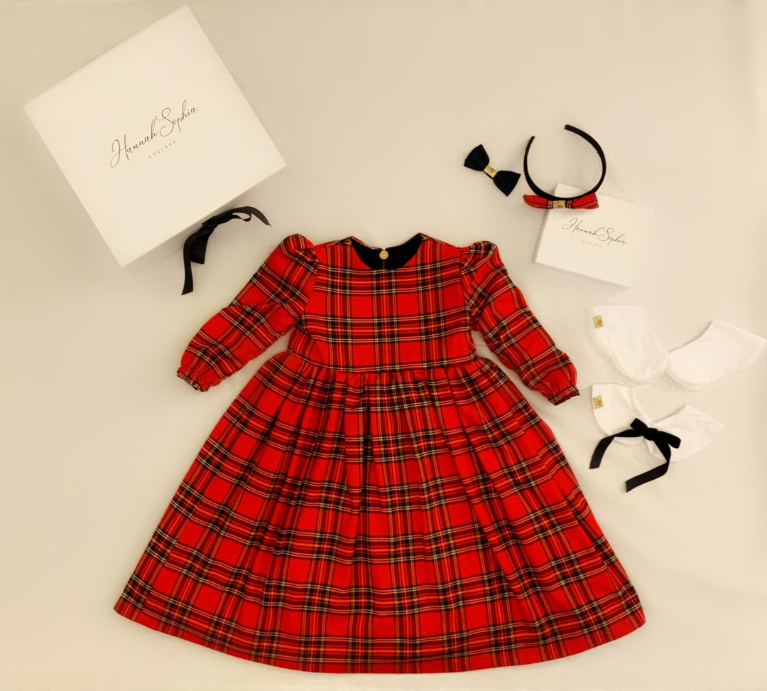 Pre-Order Reversible Arabella long sleeve red and velvet smock dress with detachable collar Hannah Sophia England 