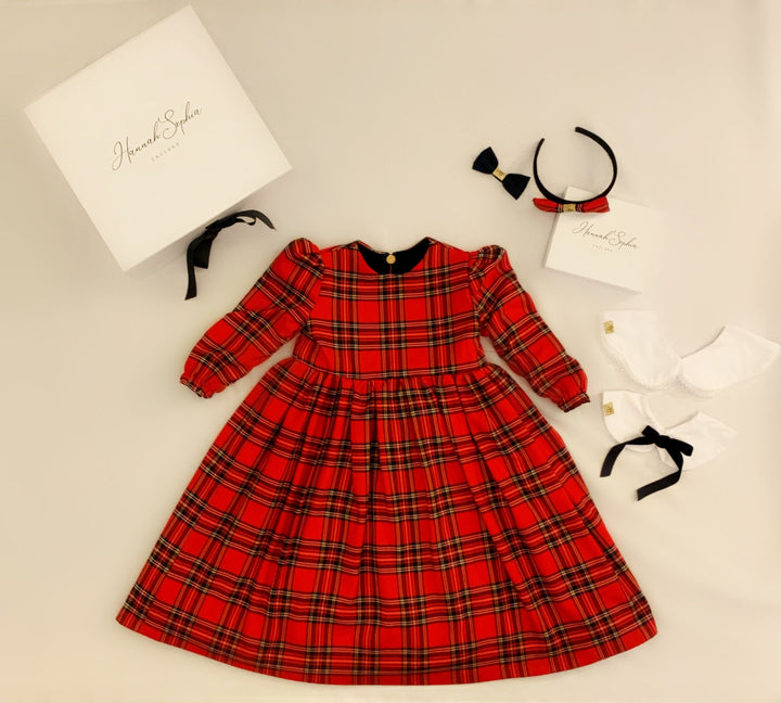 Pre-Order Reversible Arabella long sleeve red and velvet smock dress with detachable collar Hannah Sophia England 