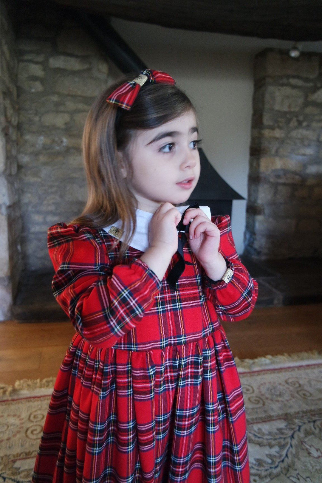 Pre-Order Reversible Arabella long sleeve red and velvet smock dress with detachable collar Hannah Sophia England 