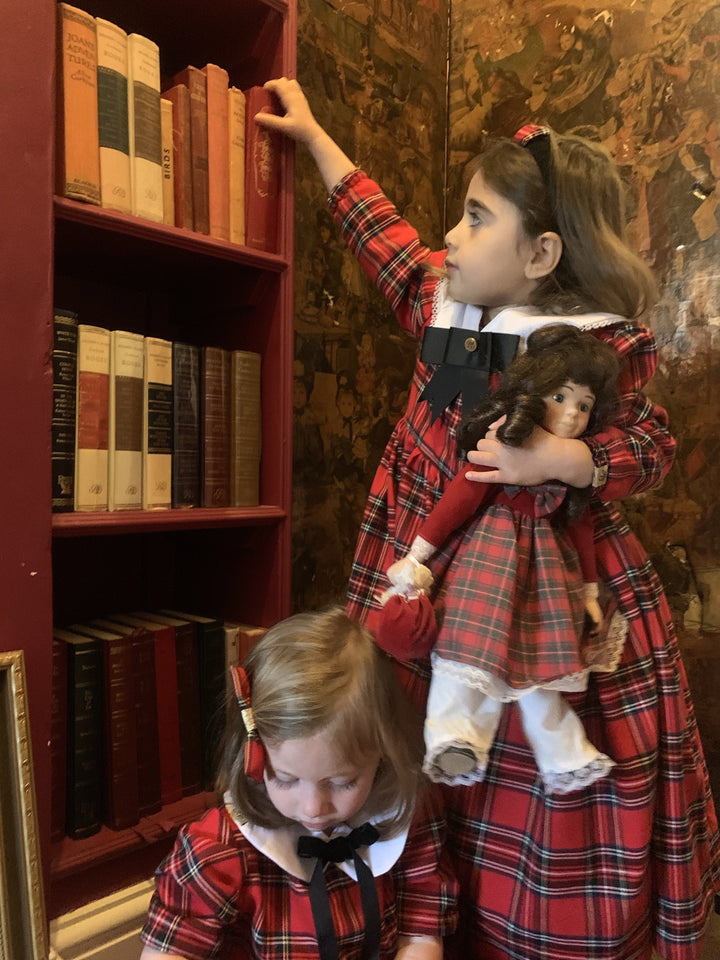 Pre-Order Reversible Arabella long sleeve red and velvet smock dress with detachable collar Hannah Sophia England 