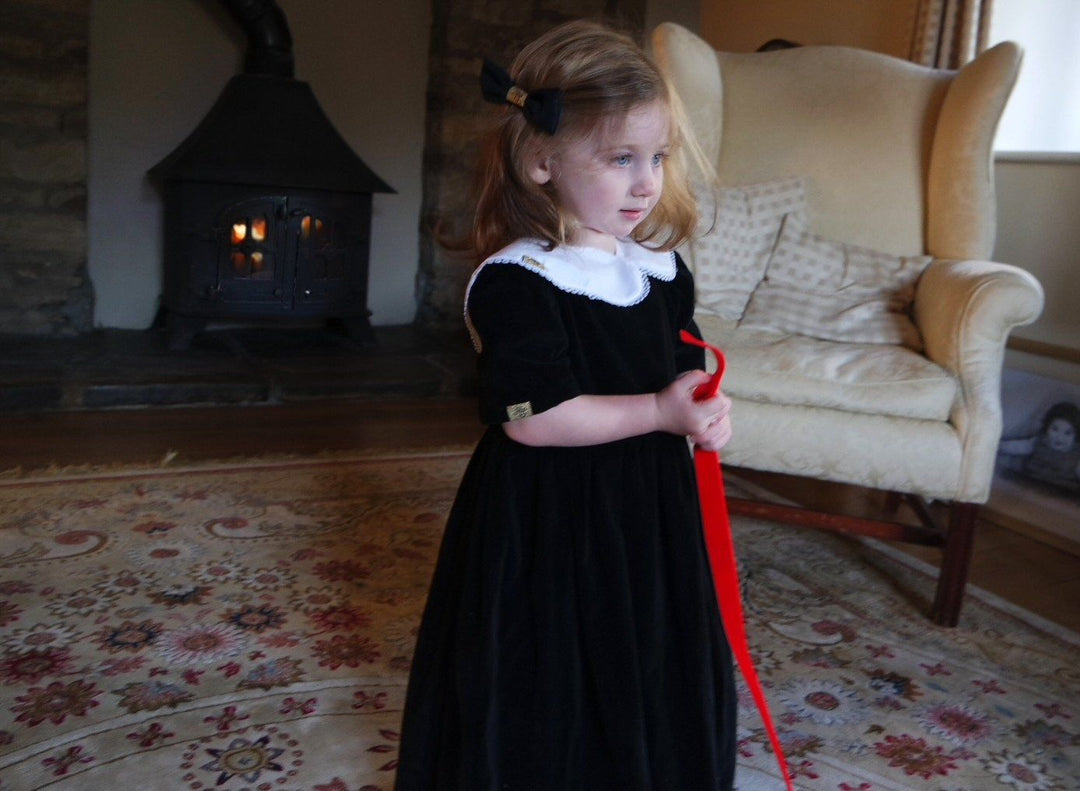 Pre-Order Reversible Florence short sleeved red and velvet smock dress with detachable collar Hannah Sophia England 