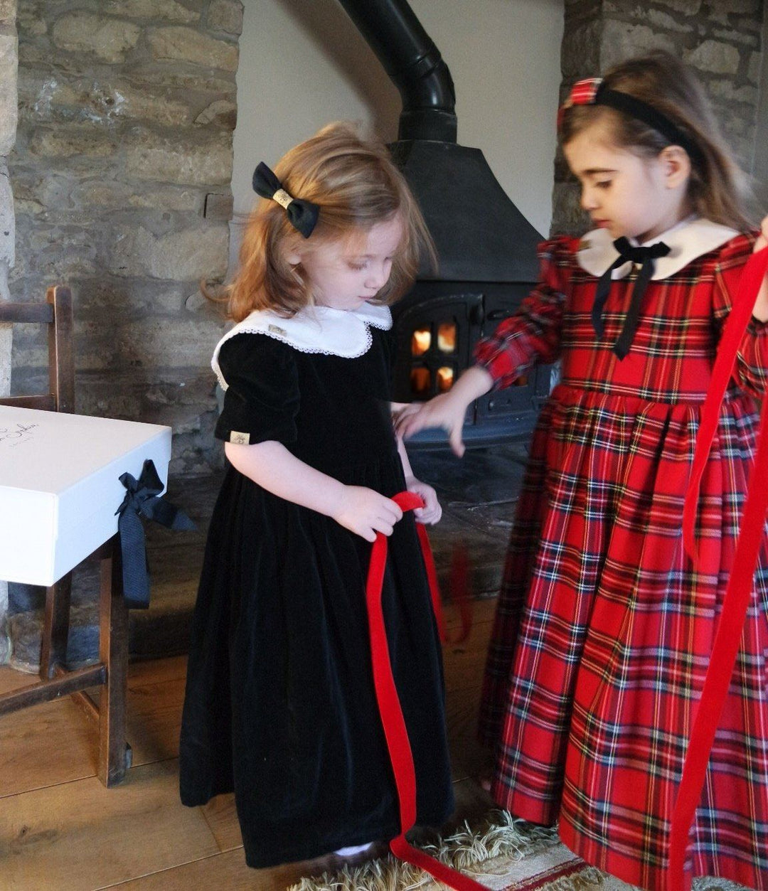 Pre-Order Reversible Florence short sleeved red and velvet smock dress with detachable collar Hannah Sophia England 