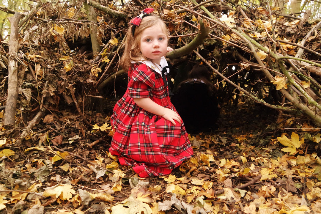 Pre-Order Reversible Florence short sleeved red and velvet smock dress with detachable collar Hannah Sophia England 