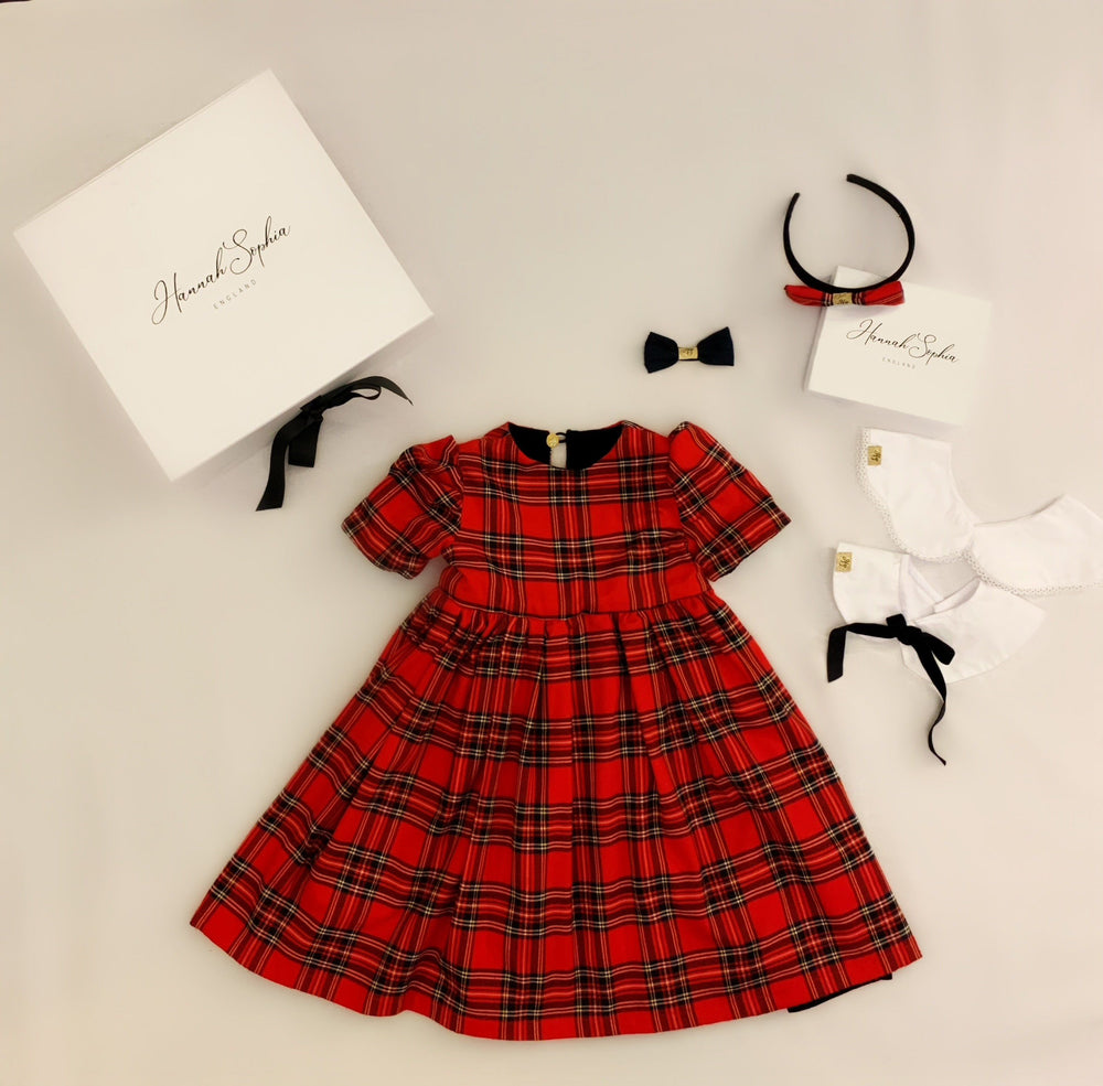 Pre-Order Reversible Florence short sleeved red and velvet smock dress with detachable collar Hannah Sophia England 