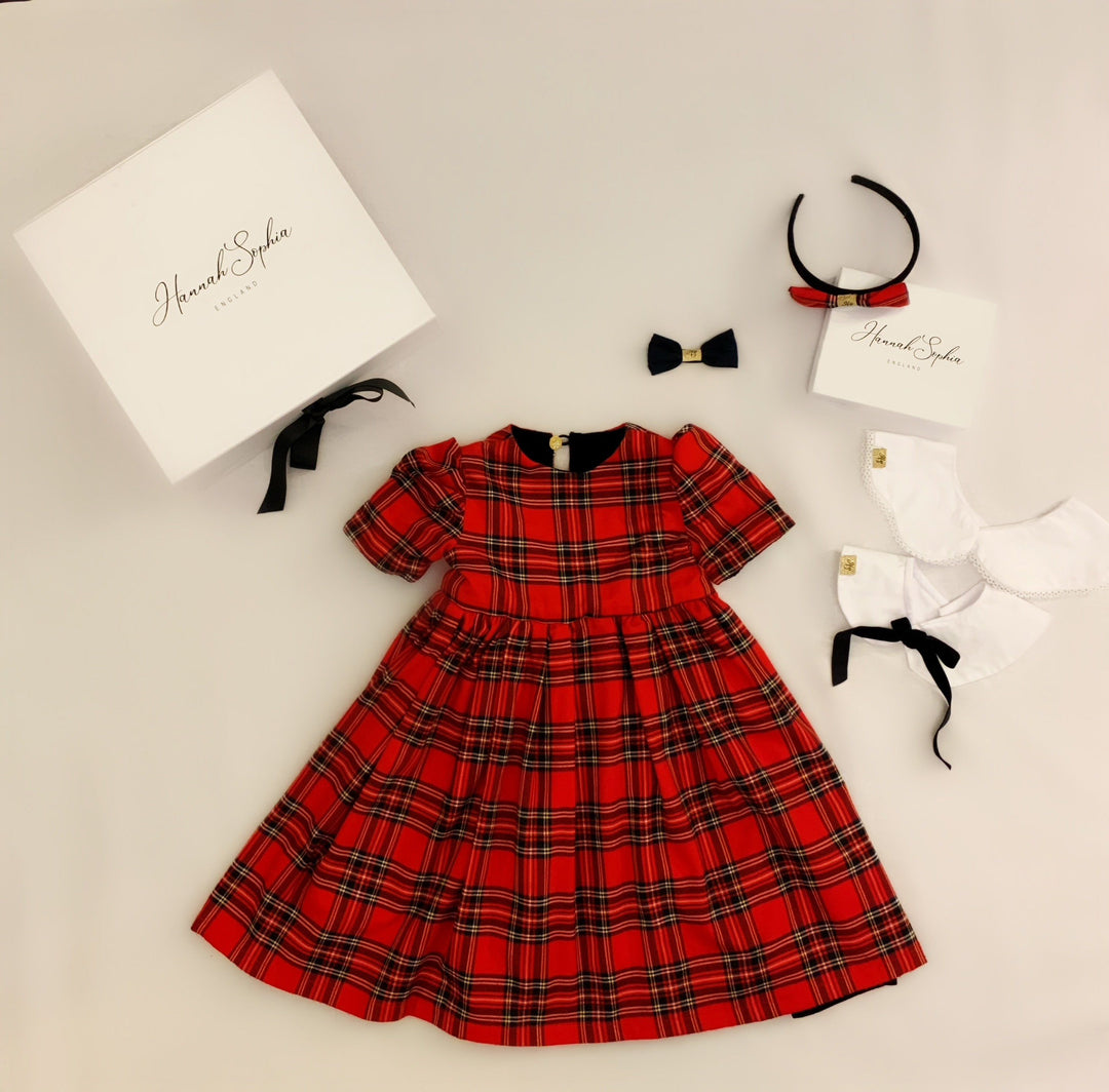 Pre-Order Reversible Florence short sleeved red and velvet smock dress with detachable collar Hannah Sophia England 