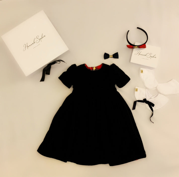 Pre-Order Reversible Florence short sleeved red and velvet smock dress with detachable collar Hannah Sophia England 