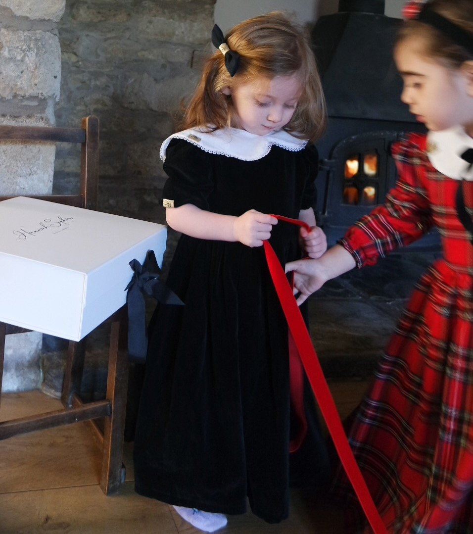 Pre-Order Reversible Florence short sleeved red and velvet smock dress with detachable collar Hannah Sophia England 