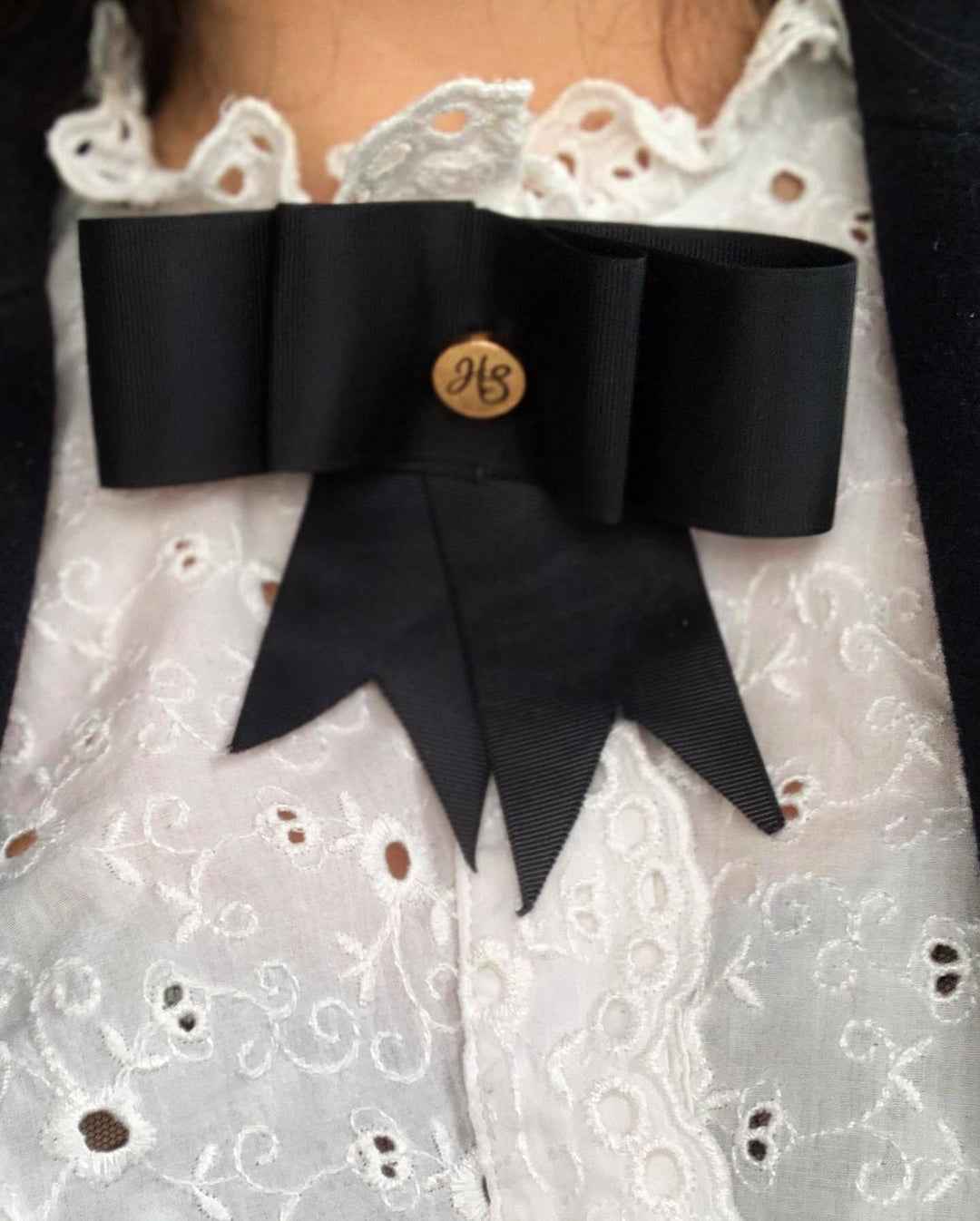 Preppy black bow brooch with HS details Hannah Sophia England 