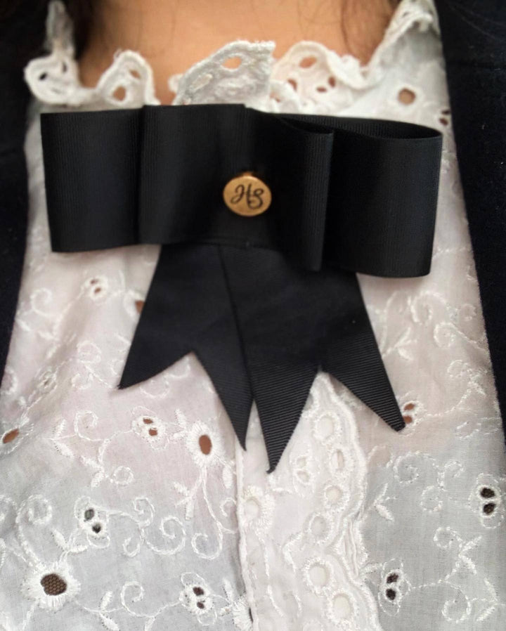 Preppy black bow brooch with HS details Hannah Sophia England 