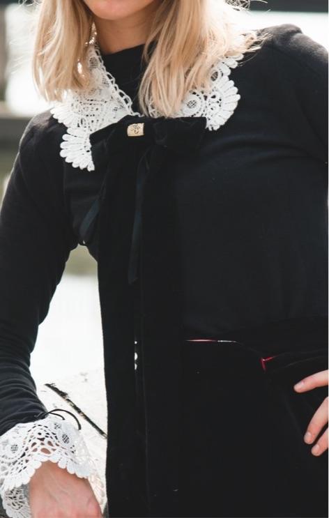 Preppy velvet long black bow brooch with HS details Hannah Sophia England 