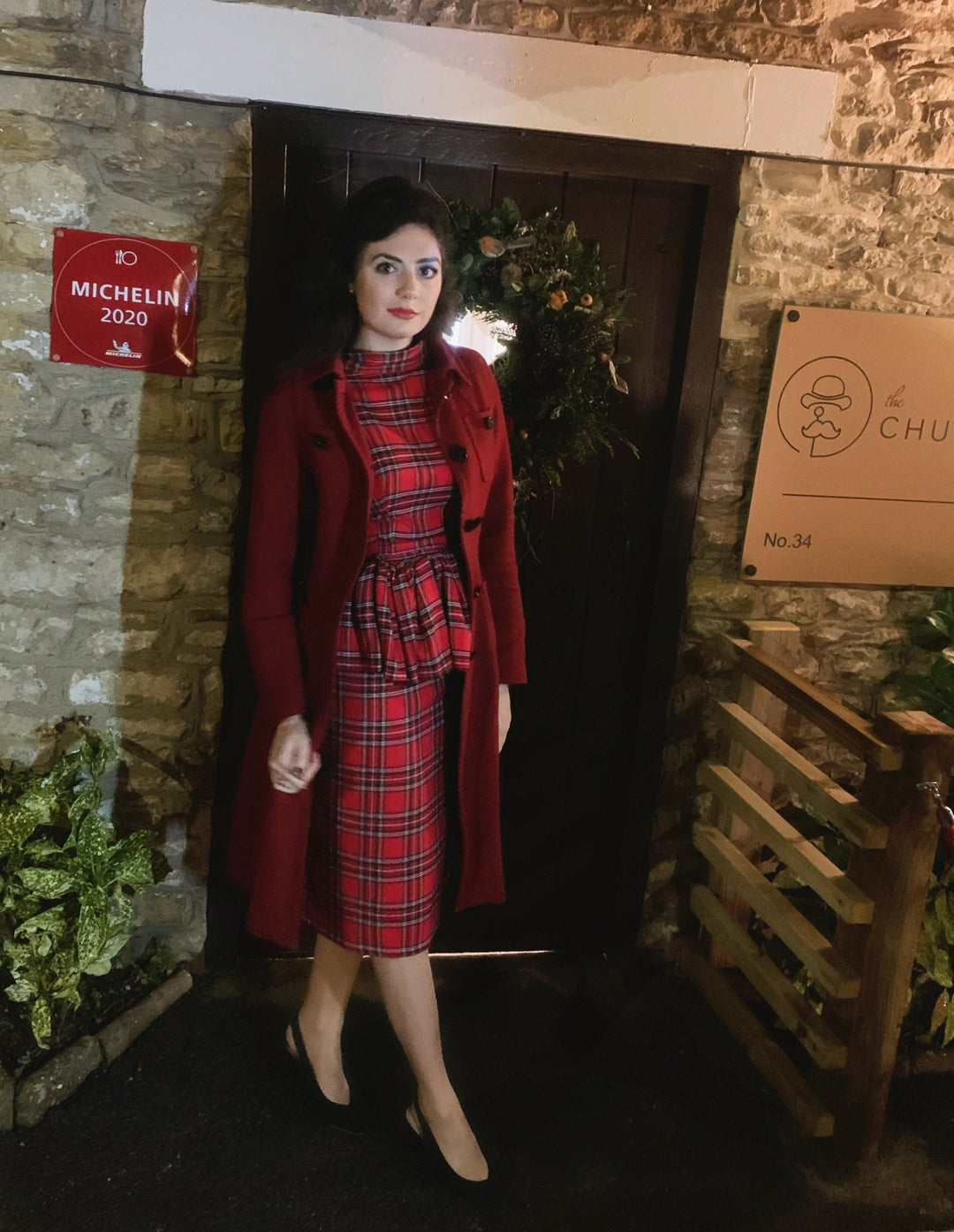 Red tartan and velvet tailored reversible blouse and skirt two-piece set Hannah Sophia England 