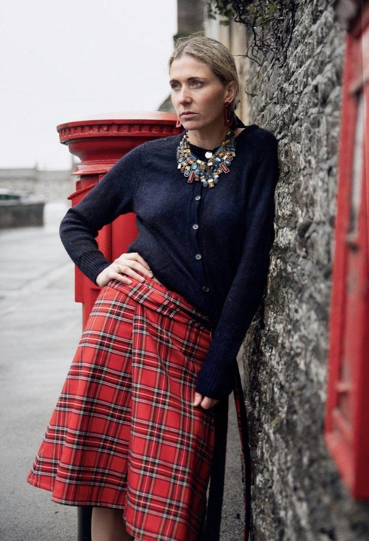 Red tartan and velvet tailored reversible blouse and skirt two-piece set Hannah Sophia England 