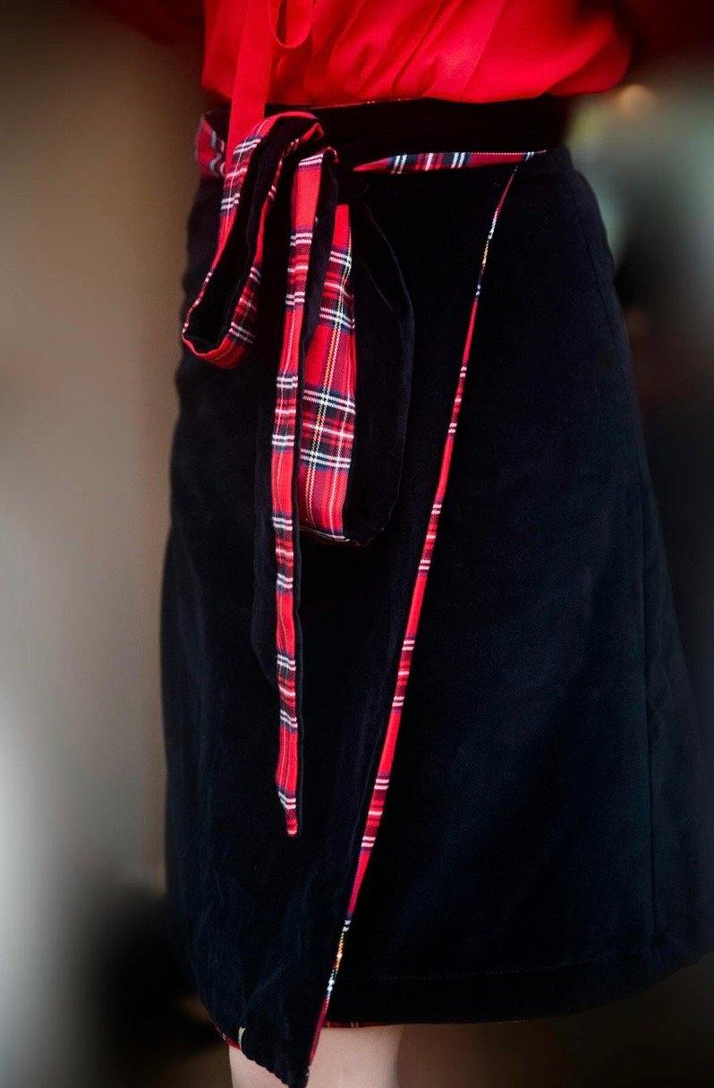 Red tartan and velvet tailored reversible blouse and skirt two-piece set Hannah Sophia England 