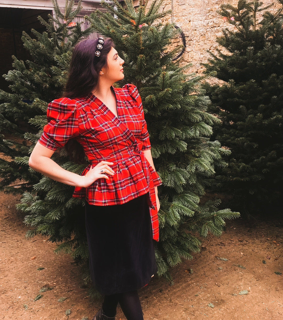 Red tartan and velvet tailored reversible blouse and skirt two-piece set Hannah Sophia England 