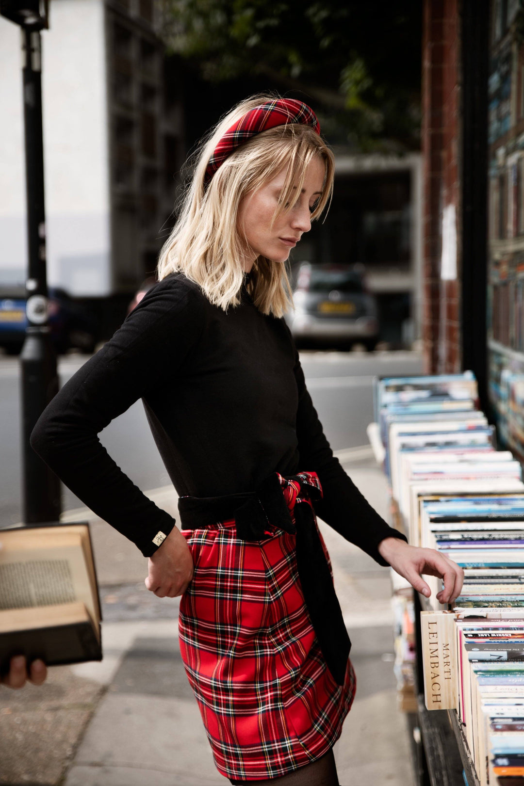 Reversible black velvet / red tartan skirt Hannah Sophia England 
