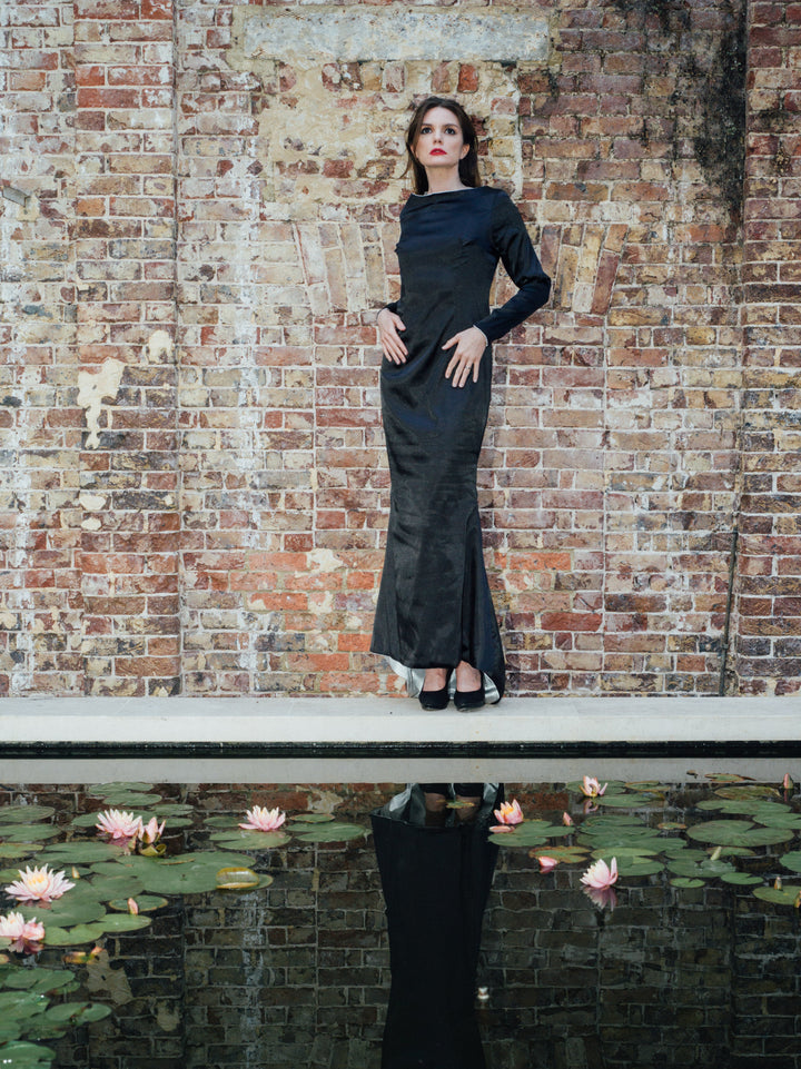 Satin Black and Silver Reversible Gown Dress Hannah Sophia England 