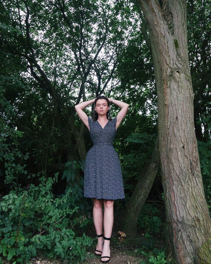 Tall Classic Victoria, Black / Black polka 4-way reversible Knee-length, short sleeved dress Hannah Sophia 