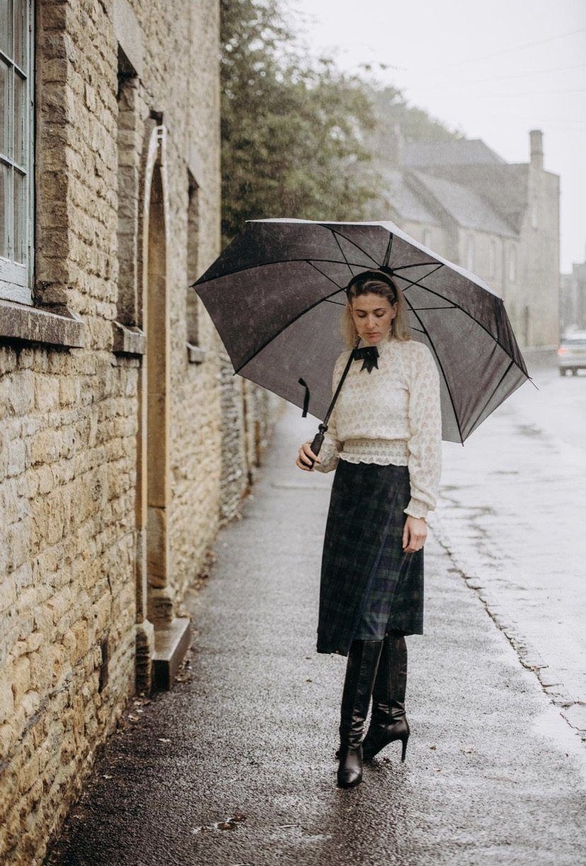 Tall Mary - Green and Navy Tartan / Navy midi skirt Hannah Sophia England 