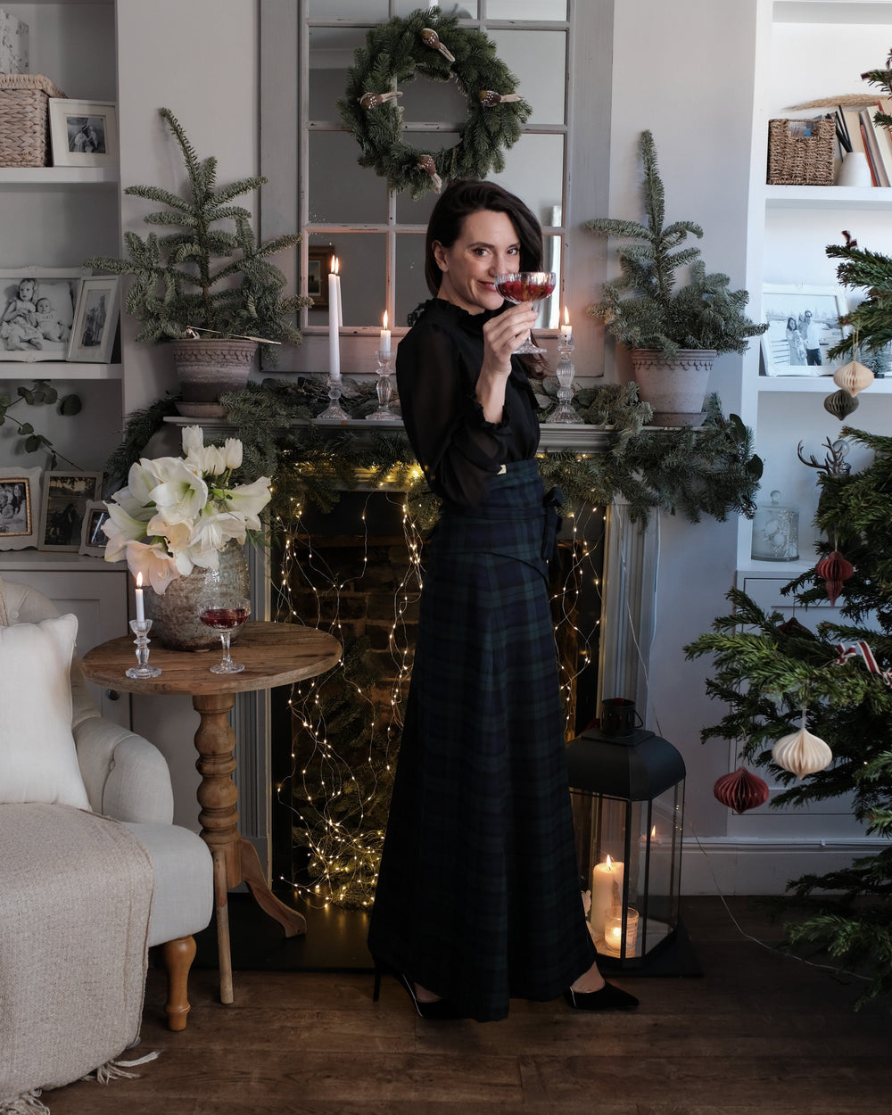 TALL Sara - Emerald green and black watch tartan reversible skirt with detachable belt Hannah Sophia England 