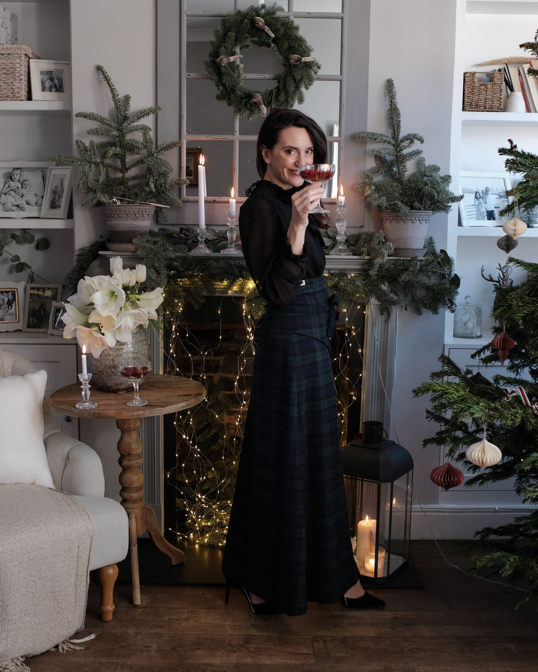 TALL Sara - Emerald green and black watch tartan reversible skirt with detachable belt Hannah Sophia England 