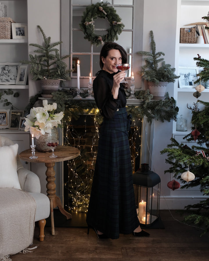 TALL Sara - Emerald green and black watch tartan reversible skirt with detachable belt Hannah Sophia England 