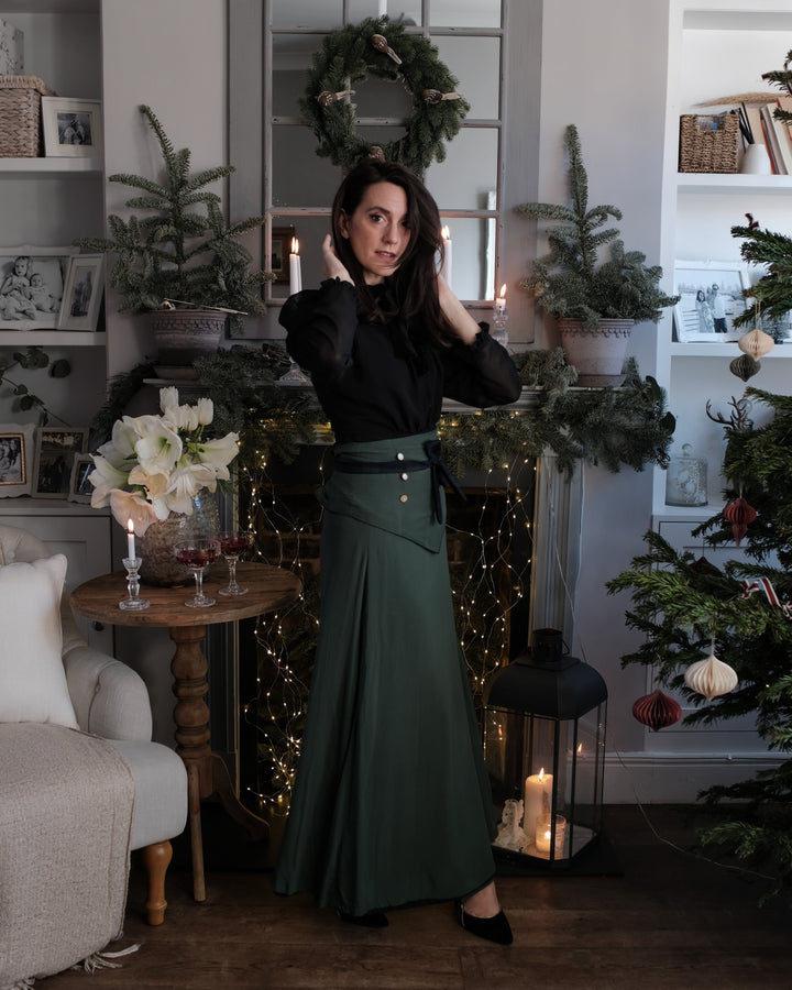 TALL Sara - Emerald green and black watch tartan reversible skirt with detachable belt Hannah Sophia England 