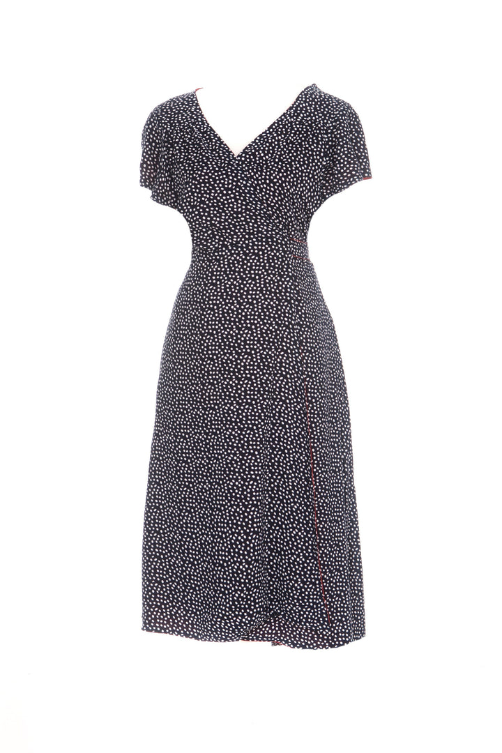 The Classic Victoria, Black / Black polka 4 way reversible Knee-length, short sleeved dress with side pockets Hannah Sophia 