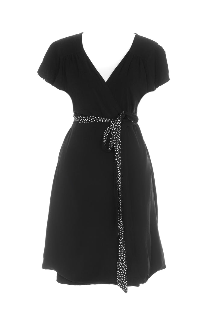 The Classic Victoria, Black / Black polka 4 way reversible Knee-length, short sleeved dress with side pockets Hannah Sophia 