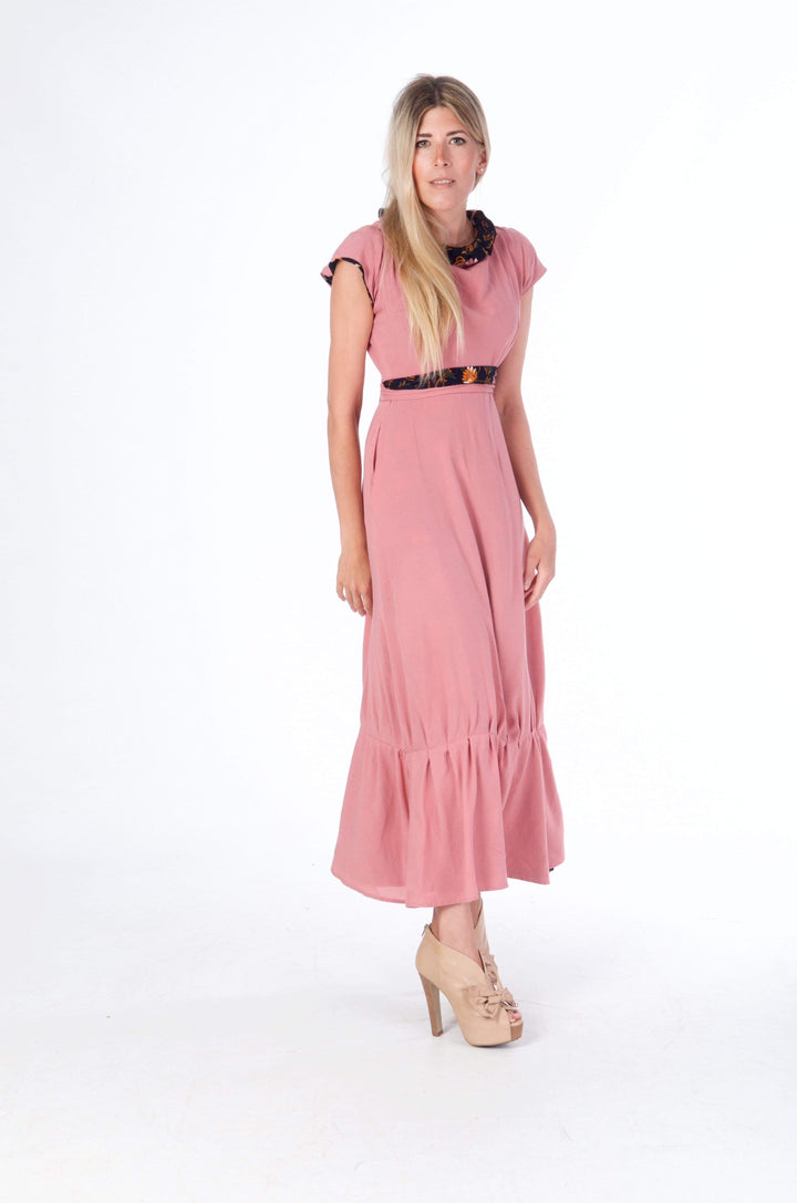 The Philippa Gown in Blush Pink /Navy floral is a four way reversible luxury dress with beautiful details and side pockets Hannah Sophia 