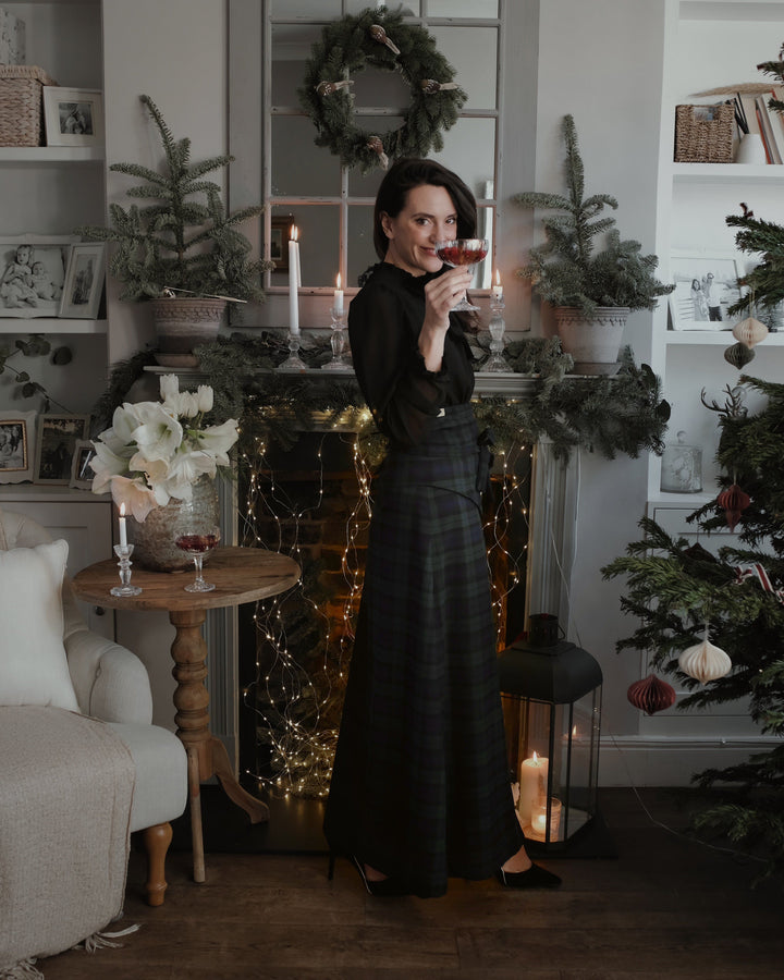 The Sara - Emerald green and black watch tartan reversible skirt with detachable belt Hannah Sophia England 