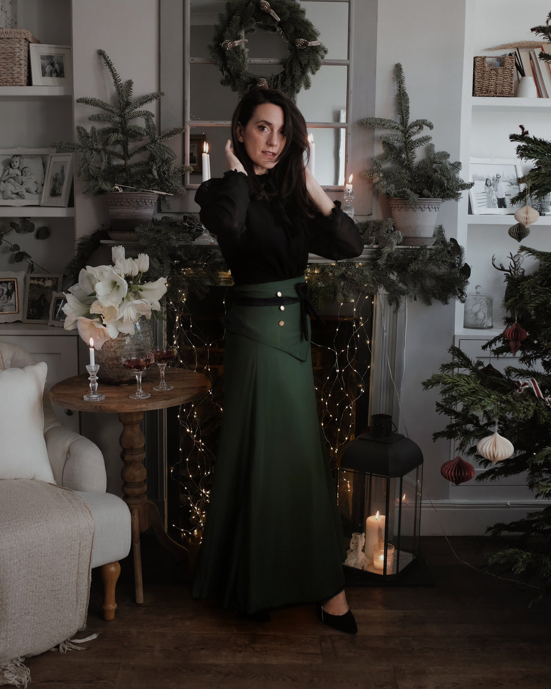 The Sara - Emerald green and black watch tartan reversible skirt with detachable belt Hannah Sophia England 