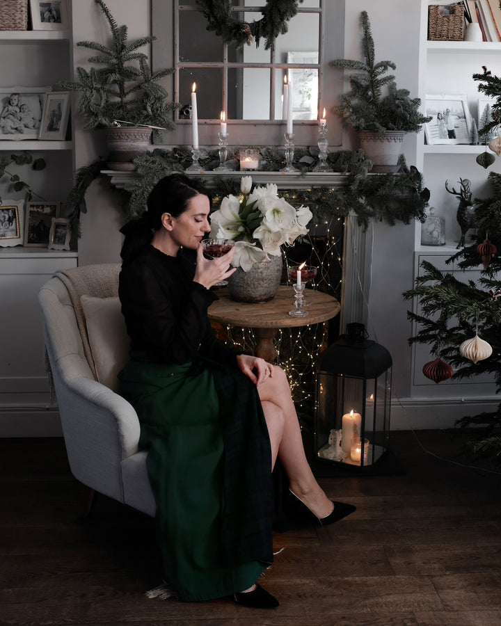 The Sara - Emerald green and black watch tartan reversible skirt with detachable belt Hannah Sophia England 