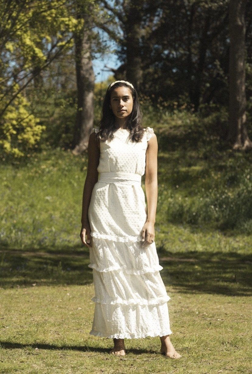 White broderie anglaise maxi dress with 3 detachable tiers and a detachable black bow Dress Hannah Sophia England 